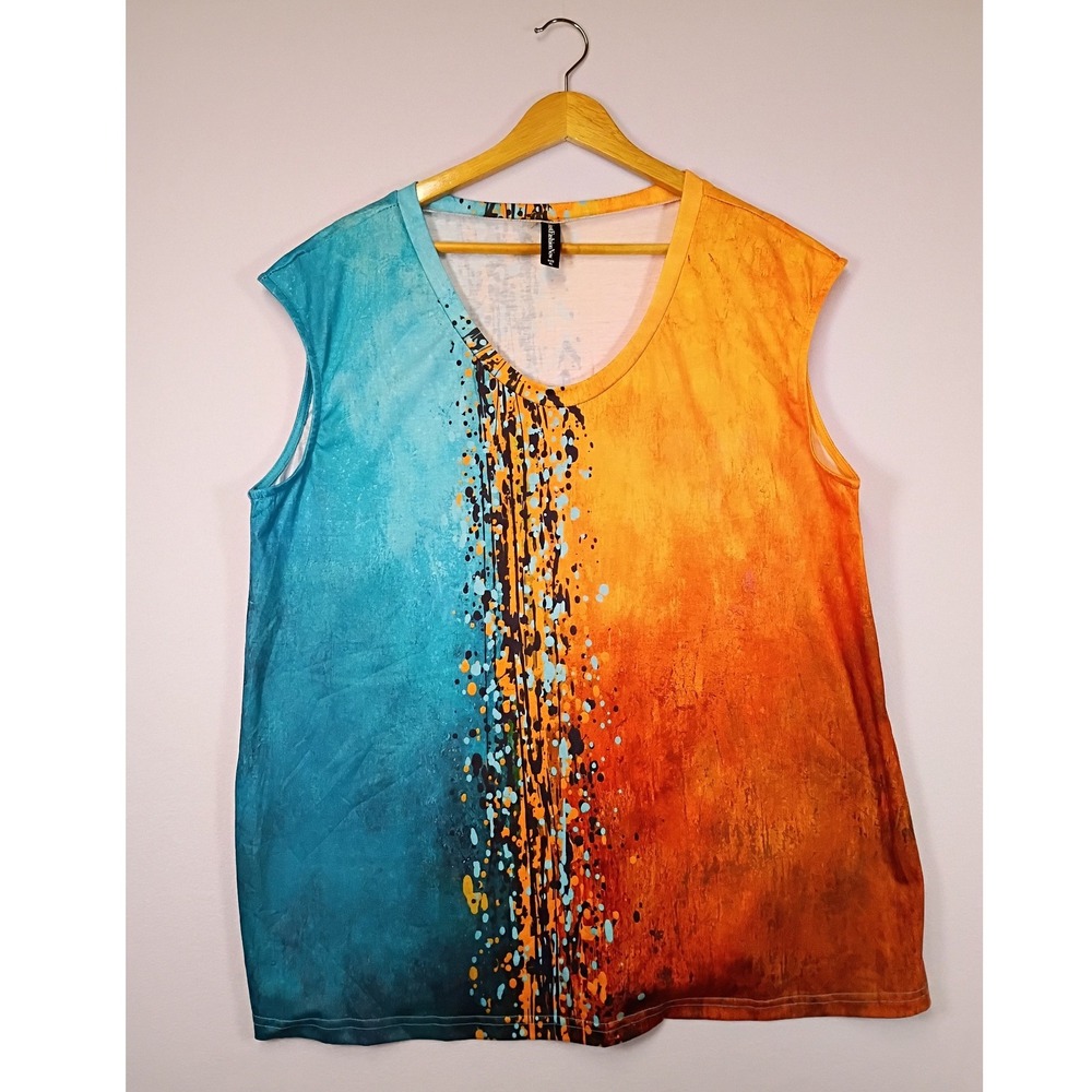 Artistic Abstract JustFashionNow Women XL Orange Blue Splatter V-Neck Tank Top